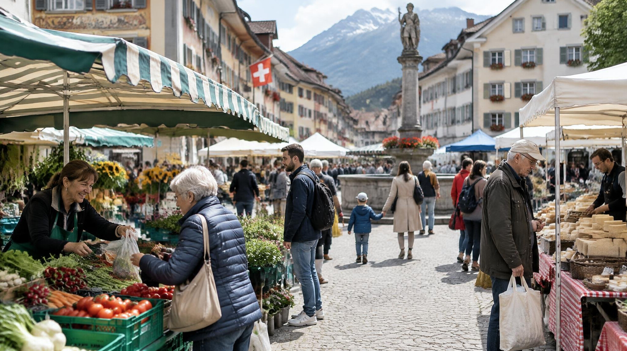 Public market square with vendors and shoppers