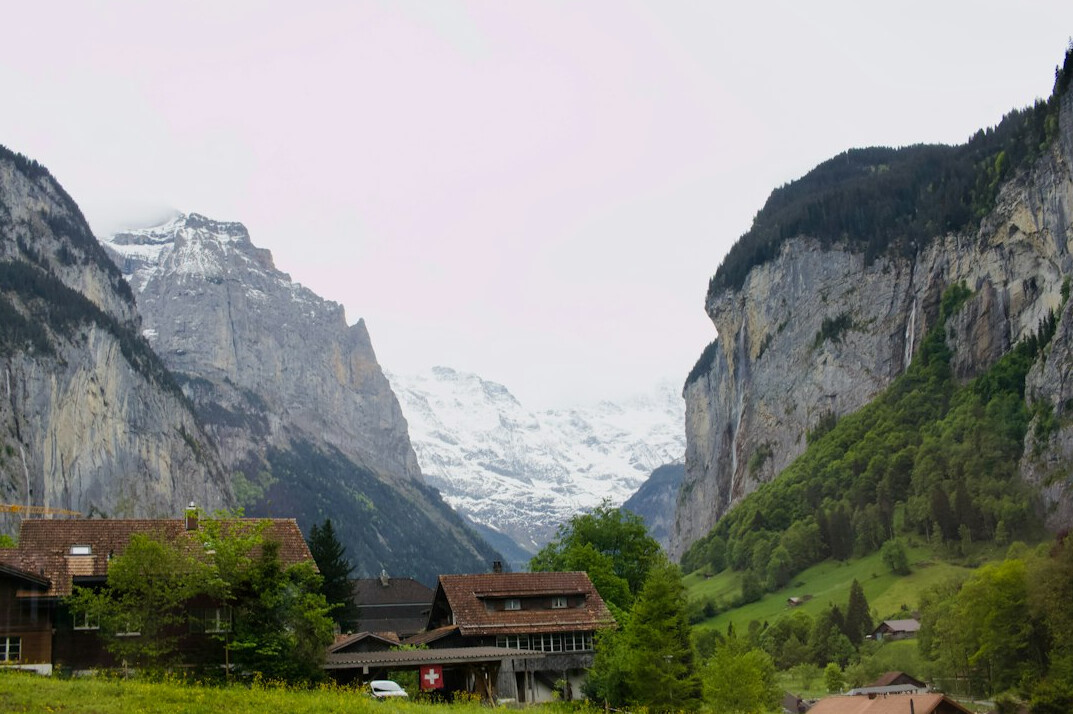ruined swiss houses in valley