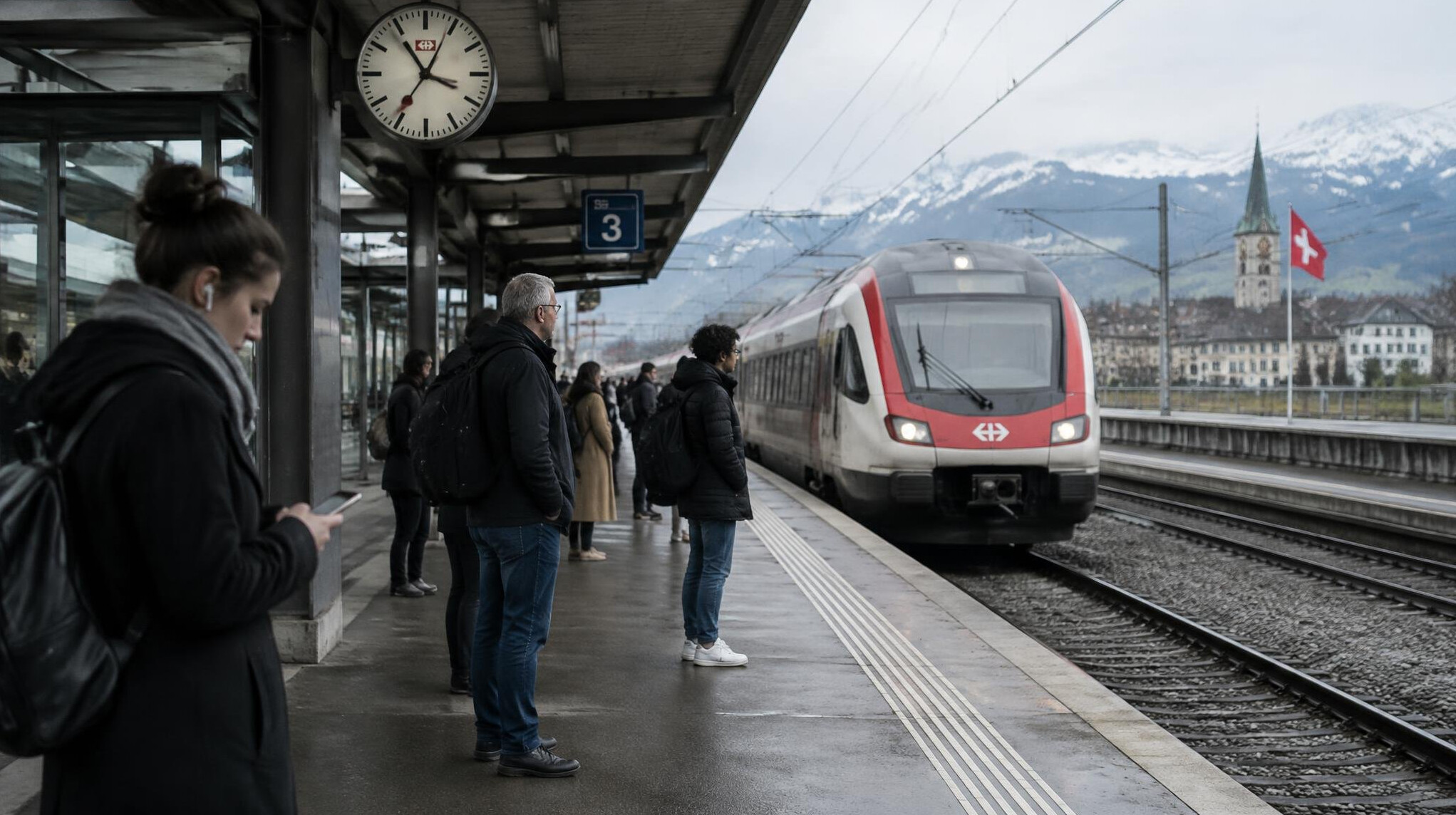 Passengers waiting on a train platform in Switzerland