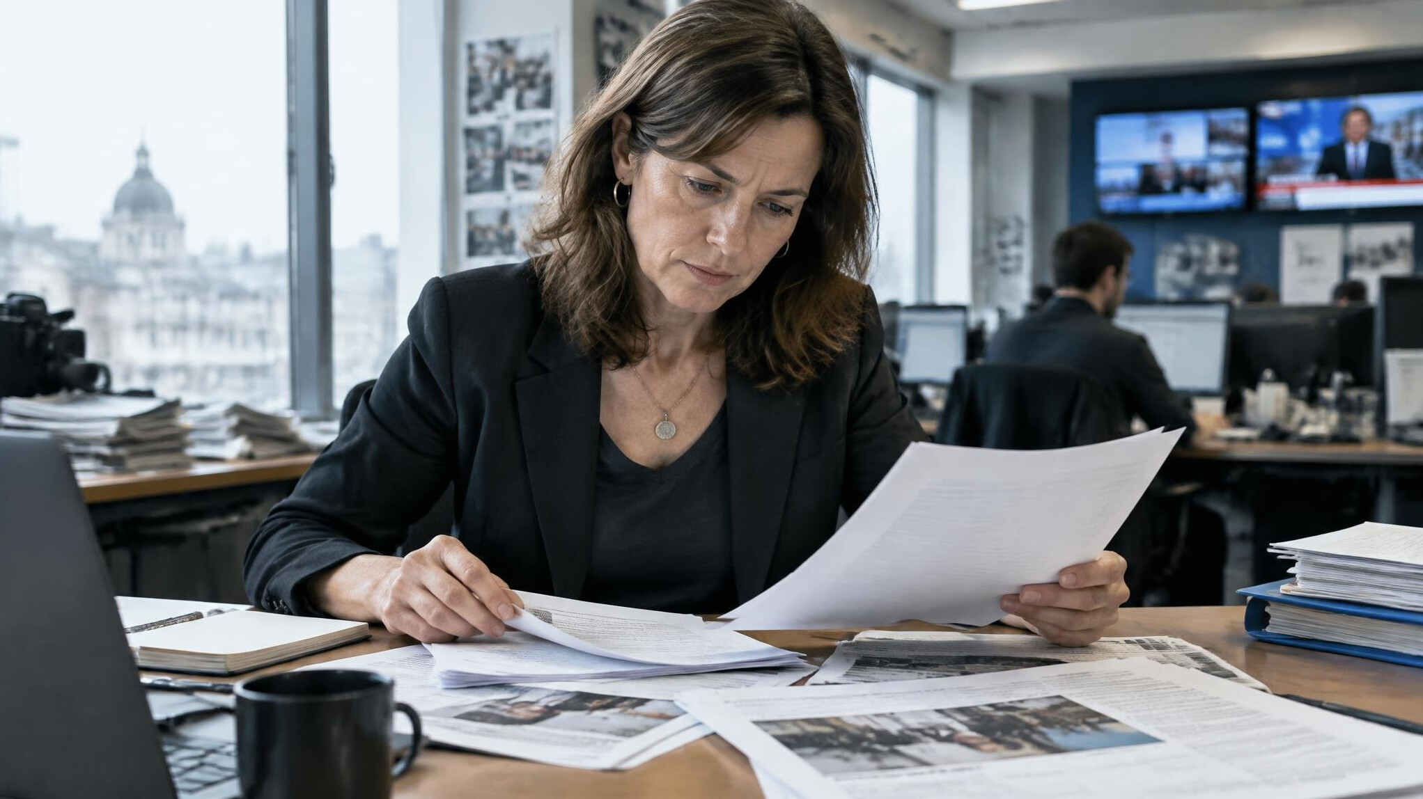 Journalist reviewing documents and files at a desk