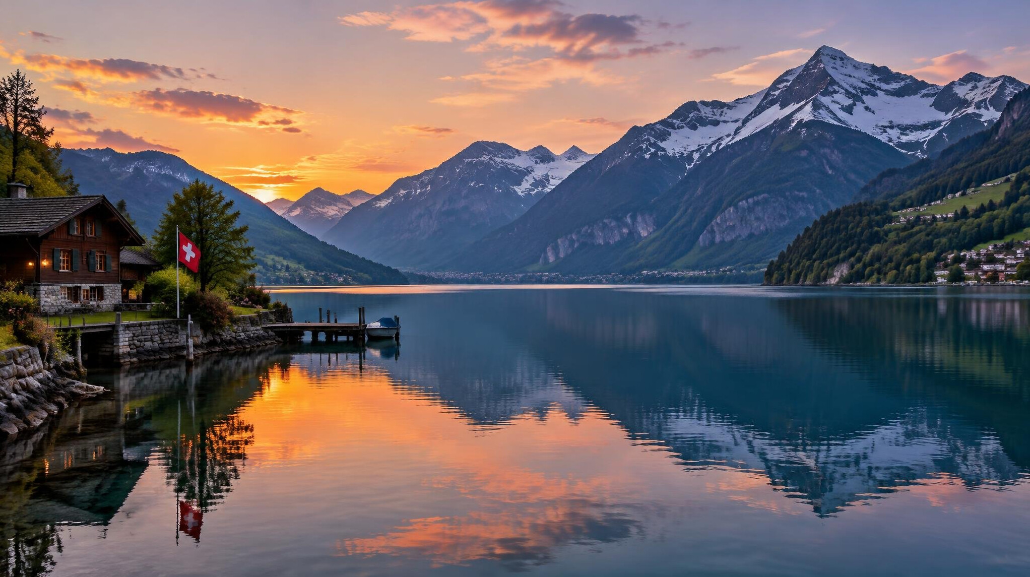 swiss lake at dusk